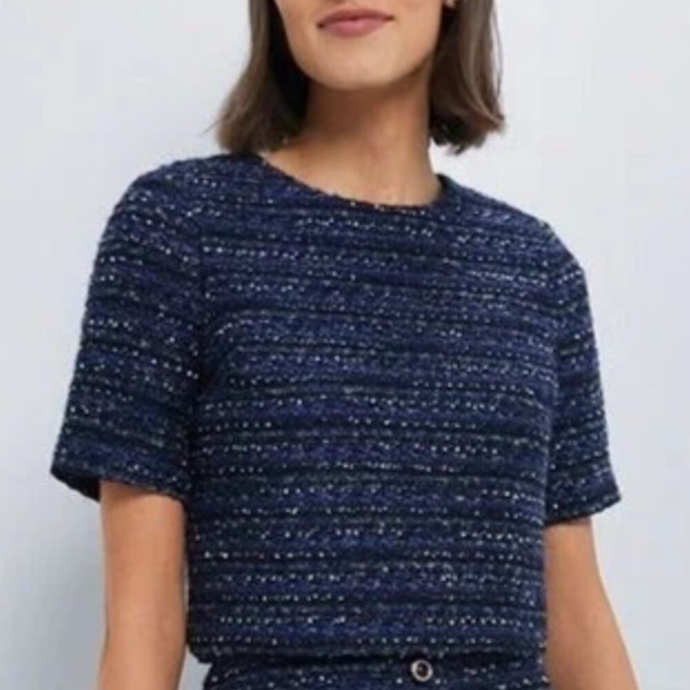 Tuckernuck Hyacinth House Navy Tweed Georgia Blouse M, NWT Short Sleeve Textured